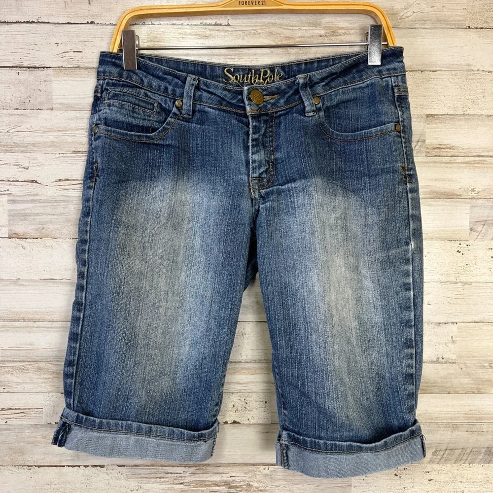 SouthPole Shorts Women 7 Blue Denim Streetwear Jorts Low Rise Cuffed Y2K McBling